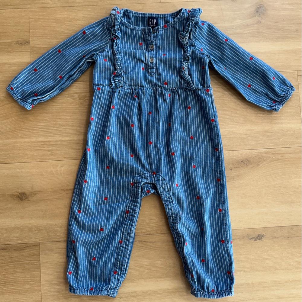 Baby GAP Denim Striped Jumpsuit with Embroidered Hearts - 18-24 Months